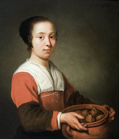 Junge Frau mit einem Kochtopf voller Oliebollen von Aelbert Cuyp